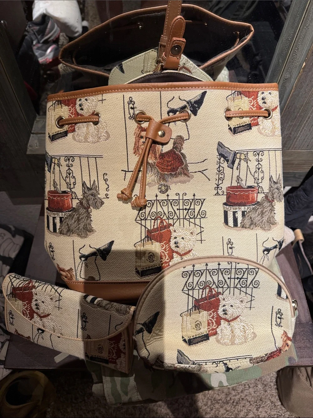 Canvas Drawstring Backpack in Cream with Tan Trim and Dog Print